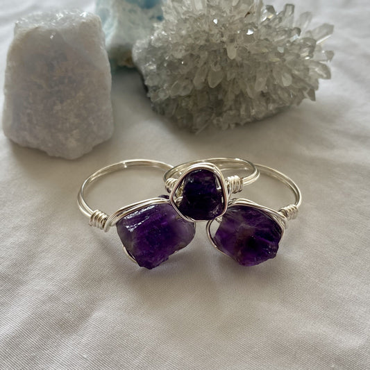 Amethyst wire wrapped ring silver