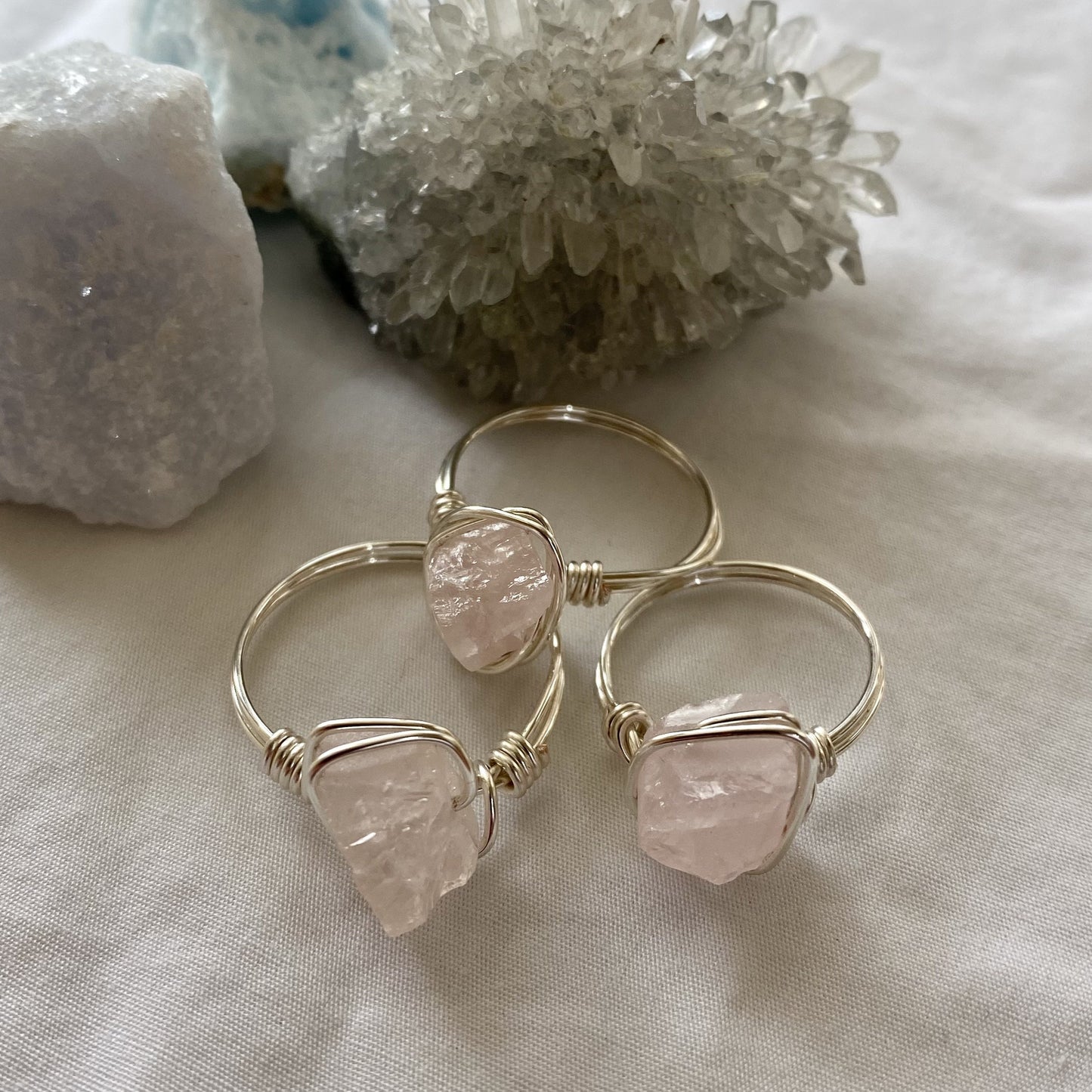 Rose quartz wire wrapped rings silver