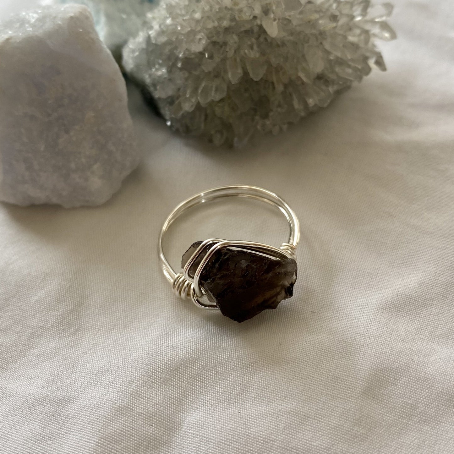 Smoky quartz wire wrapped ring silver