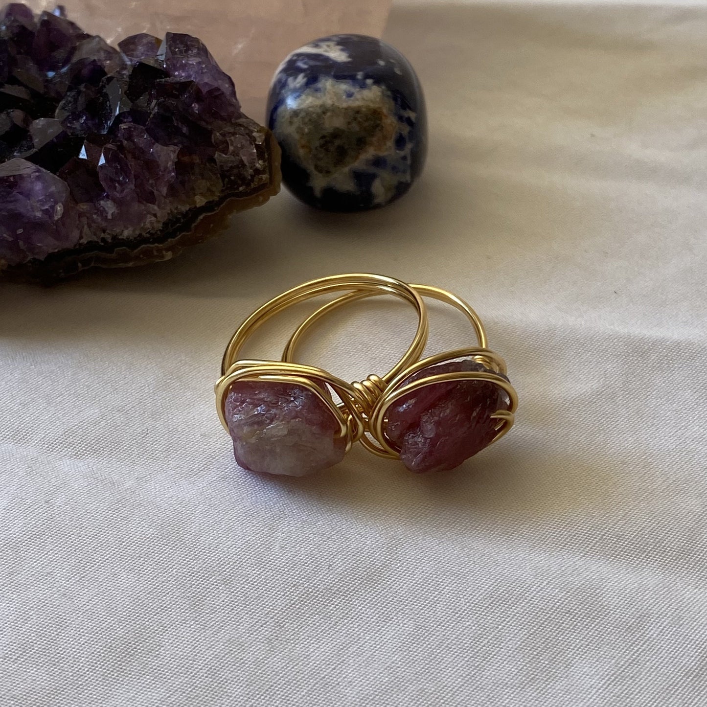 Pink tourmaline wire wrapped ring gold